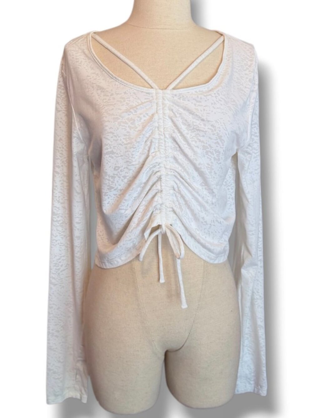 Sheer White Ruched Drawstring Crop Top V Neck Long Sleeve Tee